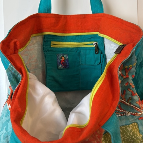 Paul Brant Coral and fish Large Tote Bag orange and green blue beach bag - Picture 5 of 10